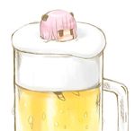  alcohol animal_ears bad_id bad_pixiv_id bear_ears beer chibi cup face froth in_container in_cup lowres minigirl original pink_hair red_eyes solo tsunako 