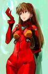  aqua_background arm_behind_back bangs bodysuit bracer breasts breasts_apart brown_eyes brown_hair cowboy_shot expressionless feathers frown gloves glowing hair_between_eyes hand_up headgear hips legs_together long_hair looking_to_the_side medium_breasts neon_genesis_evangelion number pilot_suit plugsuit red_bodysuit shadow simple_background solo souryuu_asuka_langley standing thighs toi8 turtleneck wide_hips 
