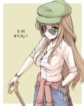 1girl alternate_costume black_gloves blue_pants blunt_bangs border breasts brown_hair cabbie_hat character_name cleavage clothes_around_waist collared_shirt fingerless_gloves funyoi_temoto_a gloves green_background green_hat hat highres jacket jacket_around_waist jewelry kantai_collection kongou_(kancolle) large_breasts long_hair looking_at_viewer necklace one-hour_drawing_challenge pants pink_shirt shirt simple_background single_fingerless_glove single_glove smile solo sunglasses twitter_username white_border 