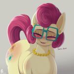  absurd_res blush butt equid equine eyelashes eyewear female feral friendship_is_magic glasses hair hasbro hi_res jewelry mammal mature_female mrs._shy_(mlp) my_little_pony necklace pyroxtra red_hair reddened_butt solo text thick_thighs wearing_glasses yellow_body 