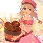  1girl :d bare_shoulders basket blonde_hair bow braid brown_eyes collarbone dress faye_(fire_emblem) fire_emblem fire_emblem_echoes:_shadows_of_valentia graffiti_uthn hair_bow hat holding holding_basket long_hair looking_at_viewer multiple_hair_bows off-shoulder_dress off_shoulder open_mouth outdoors pink_dress pink_hat red_bow smile solo twin_braids 