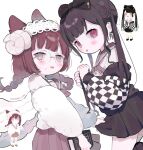  2girls :p artist_name black_footwear black_skirt black_sweater blunt_bangs blush book bow bowtie braid checkered_print child cotono_(nazekun) cowboy_shot curled_horns floating_hair grey_eyes hands_up highres holding holding_book horns inset layered_sleeves looking_at_viewer multiple_girls off-shoulder_sweater off_shoulder original parted_lips pleated_skirt red_bow red_bowtie red_eyes red_hair red_skirt round_eyewear sailor_collar shirt skirt skirt_hold sleeve_cuffs standing sweatdrop sweater tongue tongue_out twin_braids twintails white_horns white_shirt 