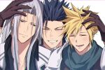  3boys armor black_coat black_hair blonde_hair blurry blush brown_gloves closed_eyes cloud_strife coat commentary crisis_core_final_fantasy_vii depth_of_field final_fantasy final_fantasy_vii gloves green_eyes green_scarf grey_hair grin hair_slicked_back hand_on_another&#039;s_head happy high_collar highres light_smile long_bangs long_hair male_focus multiple_boys open_mouth parted_bangs pauldrons sad_smile scarf sephiroth shinra_infantry_uniform short_hair shoulder_armor slit_pupils smile solo spiked_hair upper_body white_background yunyunonigiri zack_fair 