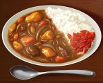 curry curry_rice food food_focus highres no_humans original plate rice spoon table th6313 vegetable wooden_table 