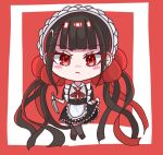  1girl alternate_costume apron black_dress blunt_bangs blush blush_stickers brown_hair clothes_lift danganronpa_(series) danganronpa_v3:_killing_harmony dress dress_lift enmaided frown full_body hair_ornament hairclip harukawa_maki highres holding holding_knife knife maid maid_headdress neck_ribbon puffy_short_sleeves puffy_sleeves red_background red_eyes red_ribbon red_scrunchie ribbon scrunchie short_sleeves thighhighs twintails wa_mukoji waist_apron white_background 