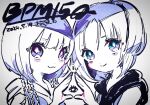  2girls :3 blue_eyes bpm15q closed_mouth commentary_request copyright_name dated group_name hand_up highres ichigo_rinahamu kiato long_hair looking_at_viewer multiple_girls nicamoq purple_eyes real_life short_hair signature smile upper_body 