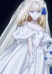  1girl bare_shoulders black_background black_choker blonde_hair blue_eyes bouquet bride choker collarbone detached_sleeves dress earrings eyelashes gloves highres holding holding_bouquet jewelry looking_at_viewer nanoka_san original pearl_earrings puffy_detached_sleeves puffy_sleeves simple_background skirt_hold solo veil wedding_dress white_dress white_gloves 