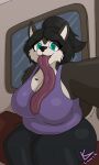  absurd_res anthro big_breasts breasts canid canine canis cleavage clothed clothing domestic_dog female hi_res husky hyper hyper_tongue inside_train kayla_(lonnyk) long_tongue lonnyk mammal nordic_sled_dog selfie shirt sitting slightly_chubby solo spitz tank_top tongue tongue_out topwear 