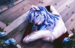  anthro bethesda_softworks blue_body blue_eyes blue_hair blue_rose blue_spots bracelet clothed clothing detailed_background felid female flower fur furniture grey_body grey_fur hair heart_eyes heart_symbol hi_res inside jewelry khajiit leopard long_hair looking_at_viewer looking_back looking_back_at_viewer m&#039;ria_(maks_hunt) mammal markings microsoft on_table pantherine plant rose_(flower) rrrs shirt smile snow_leopard solo spots spotted_body spotted_fur table the_elder_scrolls topwear underbust_corset white_body white_fur 