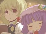  aoi_tobira bangs blonde_hair blunt_bangs blush book braid closed_eyes closed_mouth crescent crescent_hair_ornament hair_ornament hair_ribbon hat kirisame_marisa mob_cap multiple_girls patchouli_knowledge puffy_short_sleeves puffy_sleeves purple_hair ribbon short_sleeves single_braid sleeping touhou tress_ribbon upper_body yellow_eyes 