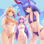  3girls absurdres animal_ears bikini blonde_hair blue_hair commentary_request earclip floppy_ears highres long_hair multiple_girls open_mouth purple_hair rabbit_ears red_eyes reisen_udongein_inaba ringo_(touhou) seiran_(touhou) short_hair smile swimsuit tarmo touhou twintails very_long_hair 