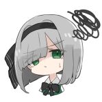  1girl :/ black_bow black_bowtie black_hairband black_ribbon blunt_bangs blunt_ends bob_cut bow bowtie chibi close-up closed_mouth commentary eyes_visible_through_hair frown green_eyes grey_hair hair_ribbon hairband highres konpaku_youmu looking_at_viewer medium_hair mino_(minori) ribbon shaded_face simple_background solo squiggle symbol-only_commentary touhou tsurime white_background 