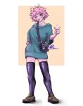  1girl absurdres antennae aqua_sweater artist_name ashido_mina black_sclera blush boku_no_hero_academia breasts brown_footwear colored_sclera colored_skin english_commentary finger_gun heart hhholic highres looking_at_viewer medium_breasts orange_eyes pink_hair pink_skin purple_thighhighs shadow shoes short_hair smile solo sweater thighhighs tongue tongue_out 