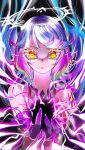  1girl animal_ears bird_ears blue_hair closed_mouth commentary_request crop_top cross gloves gradient_eyes gradient_hair halo highres jibril_(no_game_no_life) long_hair looking_at_viewer magic magic_circle midriff multicolored_eyes multicolored_hair no_game_no_life orange_eyes pink_hair solo spiked_halo sssshuri328 symbol-shaped_pupils tattoo very_long_hair wing_ears yellow_eyes 