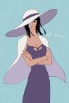  1girl abunaideka black_hair blue_background blue_eyes breasts cape cleavage commentary_request cowboy_shot crossed_arms dress hat hat_over_one_eye highres large_hat looking_at_viewer medium_hair nico_robin one_piece one_piece:_baron_omatsuri_and_the_secret_island purple_dress simple_background solo twitter_username white_cape white_hat 