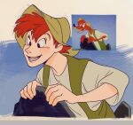  1boy black_eyes blush br&#039;er_fox_(disney) bright_pupils brown_hat derivative_work green_vest hat humanization leaning_forward lower_teeth_only male_focus open_mouth red_hair reference_inset screenshot_redraw shirt short_hair solo song_of_the_south teeth uochandayo upper_body vest white_pupils white_shirt 