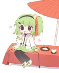  1girl black_eyes black_hairband black_leggings blush_stickers cable chaun_meguri chibi chibi_only dango drawstring eating food food_on_face full_body gear_hair_ornament green_hair green_skirt green_tea hair_ornament hair_ribbon hairband hairclip hashtag-only_commentary highres holding holding_food jacket leggings legs_together long_sleeves medium_hair mimm_pupu one_side_up open_clothes open_jacket original parasol red_ribbon ribbon sanshoku_dango shoes sitting skirt solo tea umbrella wagashi white_background white_footwear white_jacket 