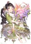  1girl ;d black_hair blush bouquet commentary_request cropped_legs dress fingerless_gloves flower gloves green_dress grey_eyes highres holding holding_bouquet long_hair long_sleeves looking_at_viewer multicolored_hair one_eye_closed original pink_flower pink_hair purple_flower ryota_(ry_o_ta) short_eyebrows simple_background smile solo streaked_hair thick_eyebrows thighhighs very_long_hair white_background white_gloves white_thighhighs 
