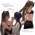  3girls absurdres animal_ears applying_makeup artist_name backless_outfit black_bra black_dress black_shorts blue_eyes blue_hair bra breasts candace_(genshin_impact) cleavage dark-skinned_female dark_skin dehya_(genshin_impact) dress genshin_impact hair_between_eyes hair_ears highres large_breasts lart_art1 long_hair makeup multiple_girls short_hair_with_long_locks shorts simple_background stretching underwear white_background white_dress yellow_eyes 