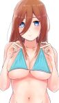  1girl absurdres bikini blue_bikini blue_eyes blush breasts brown_hair closed_mouth go-toubun_no_hanayome hair_between_eyes hands_up highres large_breasts long_bangs long_hair looking_at_viewer miwataku nakano_miku navel pulled_by_self simple_background skindentation solo stomach strap_pull swimsuit upper_body white_background 