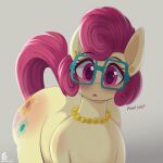  absurd_res blush butt dialogue equid equine eyelashes eyewear female feral friendship_is_magic glasses hair hasbro hi_res jewelry mammal mature_female mrs._shy_(mlp) my_little_pony necklace pyroxtra red_hair reddened_butt solo text thick_thighs wearing_glasses yellow_body 