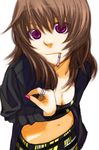  bad_id bad_pixiv_id breasts brown_hair cigarette cleavage copyright_request jewelry kuro_(1968) medium_breasts midriff mouth_hold purple_eyes smoking solo 