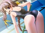  ass bent_over blue_eyes braid brown_hair cleaning_brush day dutch_angle empty_pool from_behind game_cg hiiro_yuki jpeg_artifacts looking_at_viewer looking_back nanashima_matsuri one-piece_swimsuit one-piece_tan open_mouth outdoors pool ribbon solo swimsuit tan tanline thigh_gap yuuguu_settai 