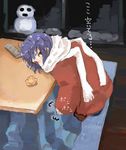  blush cold food fruit kotatsu lefty10 looking_at_viewer mandarin_orange nagato_yuki scarf snowman solo suzumiya_haruhi_no_yuuutsu table translated 