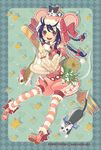  2008 :d animal animal_ears animal_hat animal_on_head apupu argyle argyle_background bad_id bad_pixiv_id blue_hair boots bow braid cat cat_on_head chinese_zodiac copyright_request full_body fur_trim hair_bow hat heart heart_print long_hair long_sleeves looking_at_viewer mouse_ears multiple_braids on_head open_mouth pink_footwear plaid plaid_bow polearm pom_pom_(clothes) puffy_shorts red_eyes ribbon shorts smile solo star starry_background striped striped_legwear thighhighs trident watermark weapon web_address year_of_the_rat 