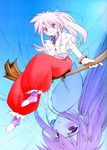  arche_klein broom broom_riding jitama_(bou) multiple_girls pants pink_hair red_pants sidesaddle tales_of_(series) tales_of_phantasia upside-down witch 
