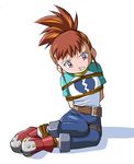  arms_behind_back bdsm belt bondage bound bound_ankles broken_heart_print brown_hair daikinbakuju denim digimon digimon_tamers jeans makino_ruki multicolored_hair orange_hair pants ponytail purple_eyes raglan_sleeves rope shadow solo thigh_strap two-tone_hair 