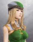  3d bare_shoulders blonde_hair blue_eyes breasts forehead_jewel freya_(valkyrie_profile) hat highres kylda lips medium_breasts realistic resized signature solo upper_body valkyrie_profile 