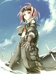  aircraft airplane character_request cloud copyright_request day gloves goggles kimura_daisuke midriff navel pilot pink_hair scarf short_hair sky solo 