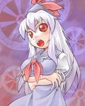  blue_dress blush breasts crossed_arms dress hat kamishirasawa_keine large_breasts long_hair looking_at_viewer lowres nyagakiya puffy_short_sleeves puffy_sleeves red_eyes short_sleeves silver_hair solo tate_eboshi touhou upper_body 