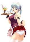  :d apple_slice aqua_hair bag cherry cowboy_shot cup earrings fang food fruit ice_cream jewelry kiwifruit koutaro looking_at_viewer miniskirt open_mouth original panties parfait plaid plaid_skirt pleated_skirt pocky polka_dot polka_dot_panties purple_eyes simple_background skirt skirt_lift smile solo star star_earrings teacup thighhighs tray twintails underwear waitress white_legwear wrist_cuffs 