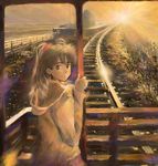 brown_eyes brown_hair copyright_request ground_vehicle ponytail railroad_tracks scenery solo sunset teikoku_shounen train 