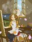  :d apron bad_id bad_pixiv_id brown_eyes brown_hair canvas_(object) cherry_blossoms curtains easel hair_ornament hairclip inase indoors long_hair looking_at_viewer lowres open_mouth open_window original paint_tube painting painting_(object) palette pants print_apron see-through shirt sitting smile solo star star_print stool striped striped_shirt wind window 
