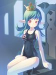  bad_id bad_pixiv_id breasts copyright_request crown elf green_hair hat highres medium_breasts one-piece_swimsuit pointy_ears red_eyes school_swimsuit skull skull_and_crossbones solo swimsuit tougetsu_gou 