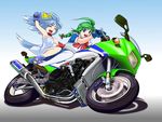  ahoge artist_request gloves green_hair ground_vehicle inu-t me-tan motor_vehicle motorcycle multiple_girls os-tan 
