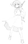  bobby_socks bracelet dress expressionless full_body greyscale hairband iseno_yajin jewelry katana konpaku_youmu legs_apart looking_at_viewer monochrome sheath sheathed shoes short_hair simple_background socks solo standing sword touhou weapon white_background 