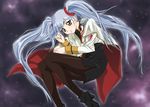  blue_hair boots cape hoshino_ruri kidou_senkan_nadesico kidou_senkan_nadesico_-_prince_of_darkness long_hair pantyhose side_slit skirt solo space twintails uniform yomi_(indigoriver) 