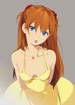  :p blue_eyes breasts cleavage dress grey_background long_hair mebae neon_genesis_evangelion small_breasts solo souryuu_asuka_langley tongue tongue_out yellow_dress 