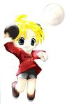  :d androgynous arm_up ball black_shorts blonde_hair bun_cover child clothes_writing di_gi_charat double_bun eyebrows_visible_through_hair full_body green_eyes highres jumping koge_donbo motion_lines open_mouth piyoko ponytail red_shirt shirt shoes short_hair shorts simple_background smile sneakers solo tareme volleyball white_background 