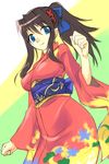  blue_eyes bow brown_hair japanese_clothes kimono michael os-tan ponytail red_kimono solo xp-tan yukata 