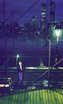  1girl 3d aya_brea blonde_hair city cloud denim jeans lamppost new_york night outdoors pants parasite_eve skyline skyscraper solo twin_towers water 