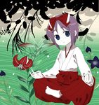  bad_id bad_pixiv_id blue_eyes body_mahattaya_ginga flower hakama hiiragi_tsukasa indian_style japanese_clothes lucky_star meditation miko mudra purple_hair red_hakama ribbon sitting solo symbol-shaped_pupils tabi vitarka_mudra 