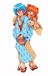 ayanami_rei blue_eyes blue_hair japanese_clothes kimono multiple_girls neon_genesis_evangelion orange_hair red_eyes shibata_masahiro souryuu_asuka_langley yukata 