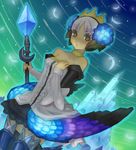  aqua_background armor armored_dress bad_id bad_pixiv_id blue_background castle crown dress feathers gradient gradient_background green_background gwendolyn hat inase multicolored multicolored_wings odin_sphere polearm solo spear strapless strapless_dress thighhighs weapon wings 