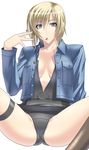  aya_brea black_panties blonde_hair blue_eyes kansuke mouth_hold open_clothes open_shirt panties parasite_eve parasite_eve_ii shirt short_hair solo spread_legs thigh_strap underwear unzipped 