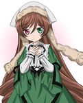  collar dress frills green_dress green_eyes head_scarf heterochromia long_hair long_sleeves looking_at_viewer own_hands_together red_eyes rozen_maiden simple_background solo suiseiseki takumi_(rozen_garten) upper_body very_long_hair white_background wide_sleeves 